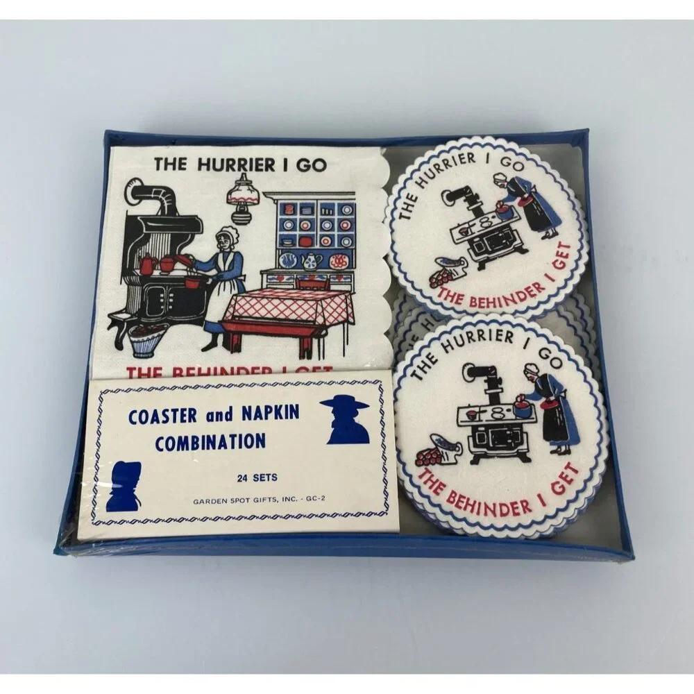 The Hurrier I Go The Behinder I Get Napkin & Coaster Set, NEW Sealed Vintage
